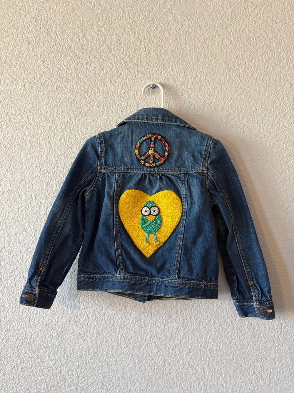 One-of-a-Kind Upcycled GAP Kids Denim Jacket w/ Patches, Beading & Embroidery